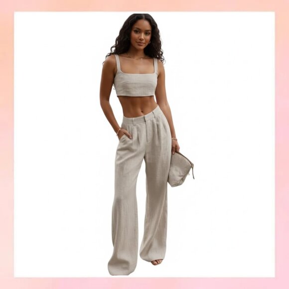 Pants - Sleeveless Crop Tank Top & High Waist Wide Leg Pants Set- Medium